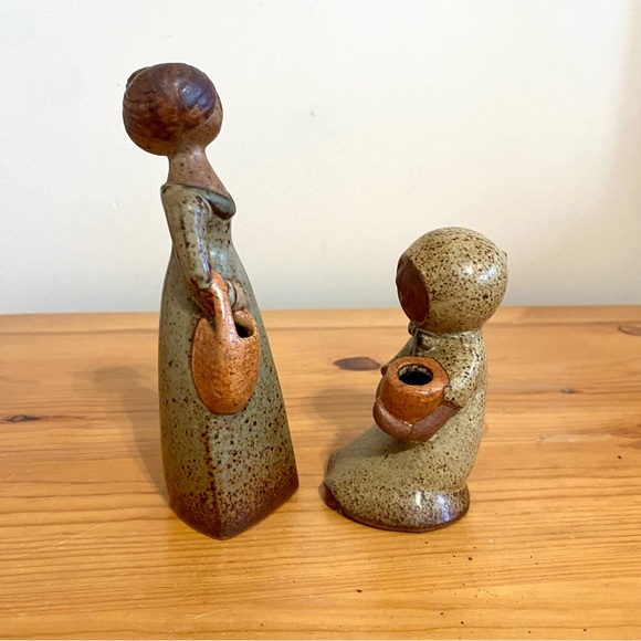 Vintage Stoneware Mother Daughter Pottery Vase Set Flower Bud Dried Mid-Century - Picture 4 of 7